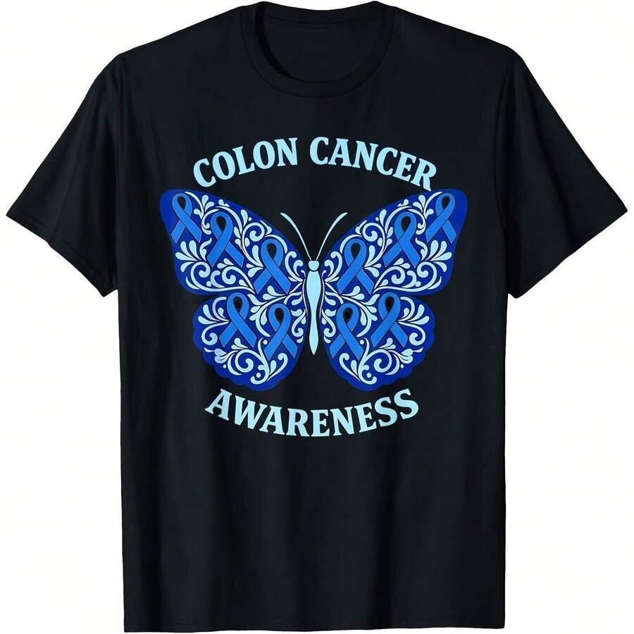 Colorectal Colon Cancer Awareness Blue Ribbon Butterfly T-Shirt - Black - View 1