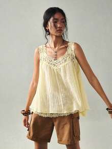 Blusa de uso diario versátil y casual con parches de encaje para mujer - Amarillo claro - Ver 8