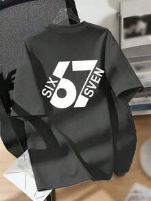 Summer Short-Sleeved T-Shirt For Boys, "67" With A Fun Digital Design. Suitable For Casual Wear, School, And Everyday Wear. - Grey - View 3