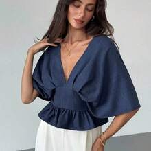 Fashion Women's Clothing  Blusa de mujer de unicolor con cuello en V, volantes y pliegues de moda, para otoño, para mujeres, para maestras, para negocios casuales. Azul marino, cuello en V, hombros caídos, cintura ceñida, pliegues fijos, estilizadora, elegante para oficina y uso diario. - Amarillo claro - Ver 6