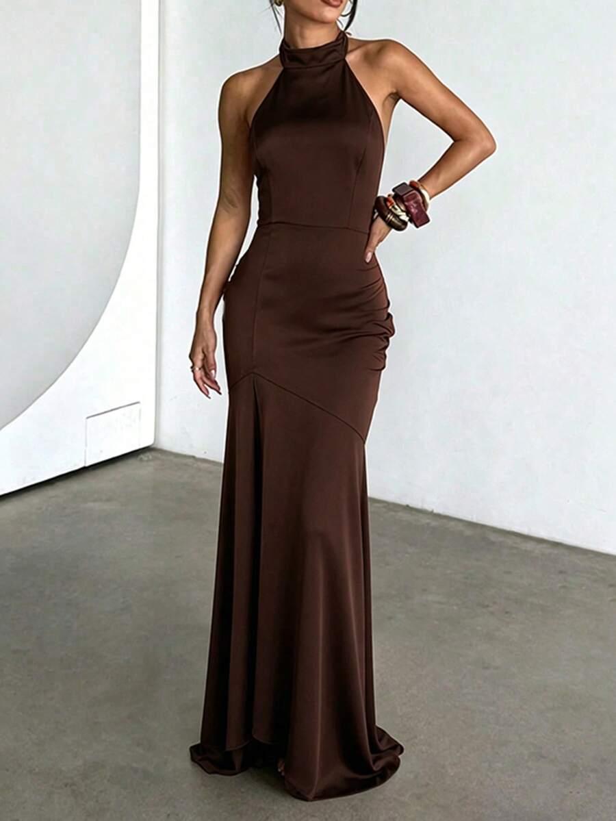XINMEI Women's Solid Color Halter Neck Split Design Elegant Dress, Suitable For Parties, Weddings, Galas, Beaches, Holidays, Dates, Vacations - Brown - View 1