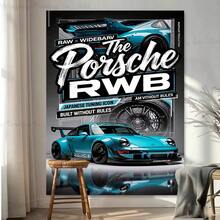1pc Bosozoku RWB Wide Body Modification Version Tapestry, Japanese JDM Icon "No Rules Build" Design, Blue & Green Sports Car Print With "RAW * WIDEBARV" And "The Porsche RWB" Text, Street Racing Atmosphere Wall Hanging Suitable For Car Enthusiasts Bedroom & Living Room Decor - RWB - View 2