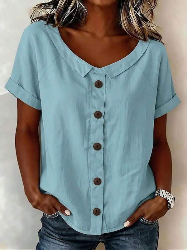 Plus Size Summer Short Sleeve Shirt For Women Loose Fit Slimming Collared Button Down Casual And Versatile Top