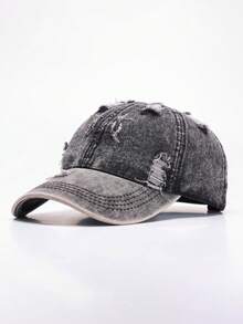 1pc Distressed Washed Denim Baseball Cap, Unisex Couple Style, Outdoor Versatile All Season Soft Crown Curved Brim Hat - Multicolor - View 2