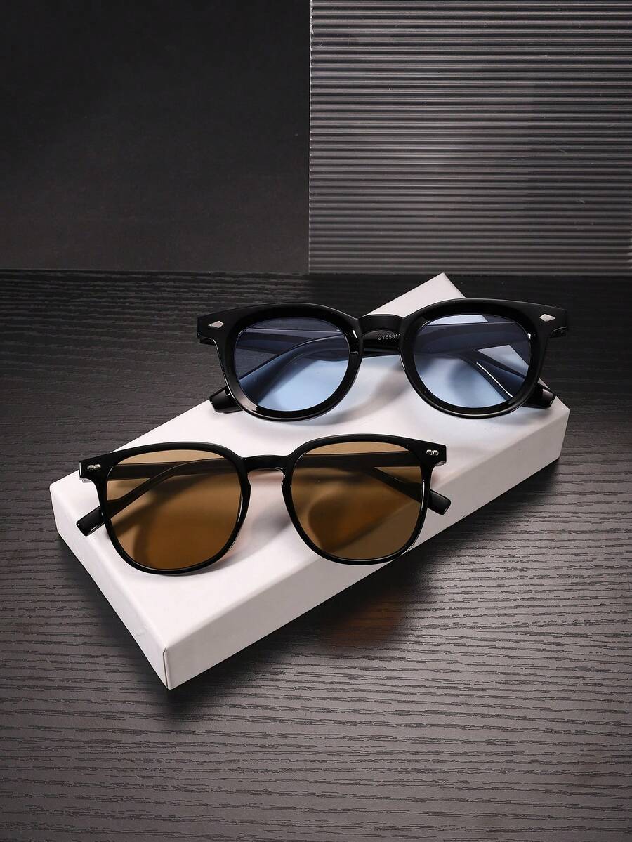 1 Set 2pcs Men's Square Frame Fashion Glasses, Classic Versatile High-Quality Elegant Casual Style, Suitable For Daily Outdoor Commute Travel Street Style Outfit, With Glasses Case - Multicolor - View 1