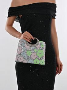 Floral Sequin Evening Clutch Bag For Women, Elegant Metal Ring Handle Handbag, Sparkly Formal Purse For Wedding Prom Party Cocktail Events, Glamorous Statement Clutch For Special Occasions - Silver - View 7