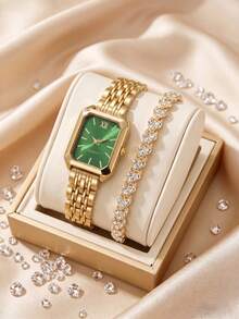 2Pcs/Set Teen Gold Watch & Bracelet Set, Green Dial Rectangle Quartz Watch With Rhinestone Bracelet, For Back To School & Vacation, No Box - Green - View 3