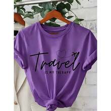 Women's Cotton T-Shirt, "Travel Is My Relax" Letter,Airplane & Heart Print,Loose Round Neck Short Sleeve Tee,Breathable For Summer Daily Wear - 紫色 - 查看 7