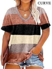 Women's Plus Size Striped V-Neck Casual T-Shirt Top, Summer - Brown - View 1