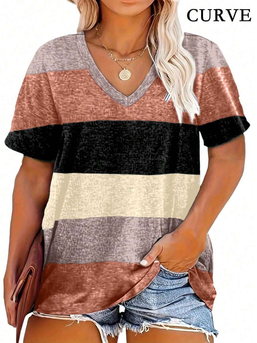 Women's Plus Size Striped V-Neck Casual T-Shirt Top, Summer - Brown - View 1