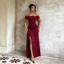 Women's Red Cold Shoulder Fitted Maxi Dress, Slit Design, Knit Party Gown, Sexy Elegant Formal Wear, Suitable For Autumn/Winter - Burgundy - View 2