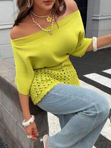 Blusa de punto de manga corta para mujer, top tipo pullover con hombros descubiertos, sexy, con cintura definida, efecto adelgazante y calados, estilo casual elegante de moda, para uso diario y atuendo de vacaciones de verano - Mostaza Amarilla - Ver 5