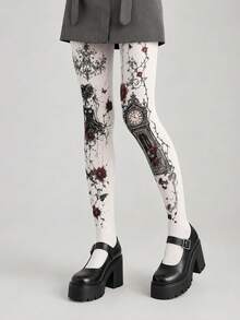 1 Stück Damen weiße Samt Leggings im Gothic-Stil mit Mädchen- & Uhren-Muster, Rosenranken Vintage Muster elastische Strumpfhose, Dark Academia Stil Frühling/Sommer Party & Alltag Strumpfhose - Weiss - Übersicht 4