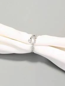 Nooxian 1pc Luxury Asymmetrical Arrangement Copper Zirconia Stone Adjustable Ring - Silver - View 5