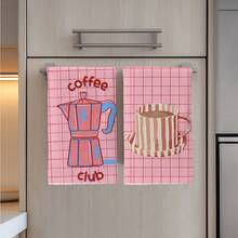 2pcs Kitchen Towels, Pink Plaid & Stripe Coffee Themed Print, 40*60cm Absorbent Microfiber Dish Cloths, Hand Towels, Kitchen Decor, Housewarming Gift, Suitable For Kitchen & Bathroom, Great For Homemakers & Family Gatherings, - Pink - View 7