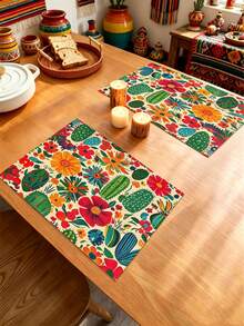 Tropical Flower Cactus Pattern Table Runner, Mexican Style, Modern Home Kitchen Decor, Table Runner Placemat Pillowcase Set, Suitable For Daily Home Kitchen Decoration, Daily Party Decoration. - Multicolor - View 6