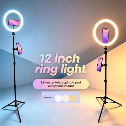 12 tum justerbar LED-ringlampa med 1,6 m stativ + dubbel mobilhållare för livestreaming / makeup