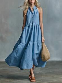 2026 New Elegant Sleeveless Casual Loose Linen Buttoned Vest Dress - Off White - View 8
