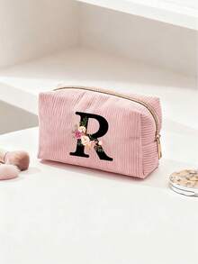 Customized A-Z Letter Corduroy Pencil Case, Customized Initial, Back To School Essential Pencil Bag, Valentine's Day Gift Makeup Bag, Ramadan Gift Choice, Large Capacity Travel Cosmetic Organizer (Smooth Zipper), Fresh And Cool Pink & White Letter Print Design, Lightweight And Foldable, Portable And Easy To Store, Thoughtful Gift For Girlfriend/Bridesmaid, Durable Toiletry Organizer For Home And Travel, Popular Back To School Gift - Multiple Styles - View 34
