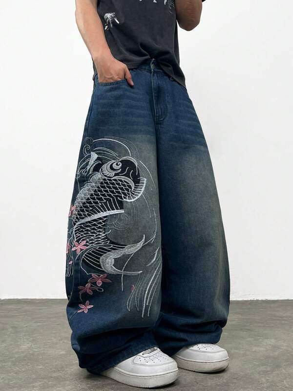 Hearty Haven 1pc Men's American Street Style Embroidered Wide Leg Jeans, Comfortable Loose Fit Washed Cat Whisker All-Season Long Pants - No Belt And Accessories
