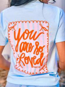 Coquette Bow Bible Verse Graphic Tee John 3:16 Christian Aesthetic Shirt Cute Women Preppy Striped Graphic Top Summer Outfits For Women - 淺藍色 - 查看 2