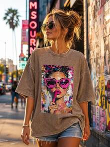100% Pure Cotton Men's And Women's Universal Style Vintage Washed T-Shirt, Cartoon Girl Fun Red Lipstick Color, Urban Graffiti Portrait - 摩卡棕 - 查看 7