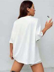 Women's Lightweight And Modern Cotton Summer Clothes, Champagne Bottle Print T-Shirt For Celebrations, Elegant Women's Clothing, Style: Round Neck, Short Sleeves, Loose Fit, For You/My Family/Lover/Friends, Essential Cotton T-Shirt For Daily Wear. - 白色 - 查看 3