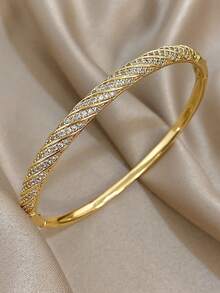 Elegant Gold Plated Twists Twill Pave Cubic Zirconia Bangle Bracelet & Open Ring, Jewelry Set For Women,Summer Boho,Mom Gift Daily Wear,Party/Gala - Multicolor - View 10
