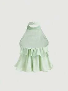 MOD Top corto elegante de múltiples capas con volantes en azul marino, top para Año Nuevo, top de fiesta, top minimalista casual de mujer con botones frontales y tirantes anchos para uso diario, look vintage para el Día de San Valentín - Verde - Ver 3