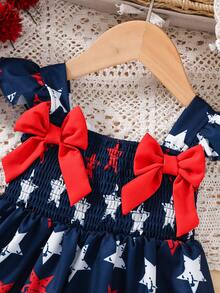 2pcs/Set Girls' Cute Sweet Bowknot Decor Star Print Camisole Top & Ruffle Hem Shorts Set - Dark Wash - View 3