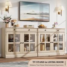 Kitchen Storage Cabinet, 2 Glass Door Buffet Sideboard with a Large Storage Drawer, Modern White Coffee Bar Cabinet with Adjustable Shelf for Dining Room, Kitchen, Entryway - Beige - Übersicht 2