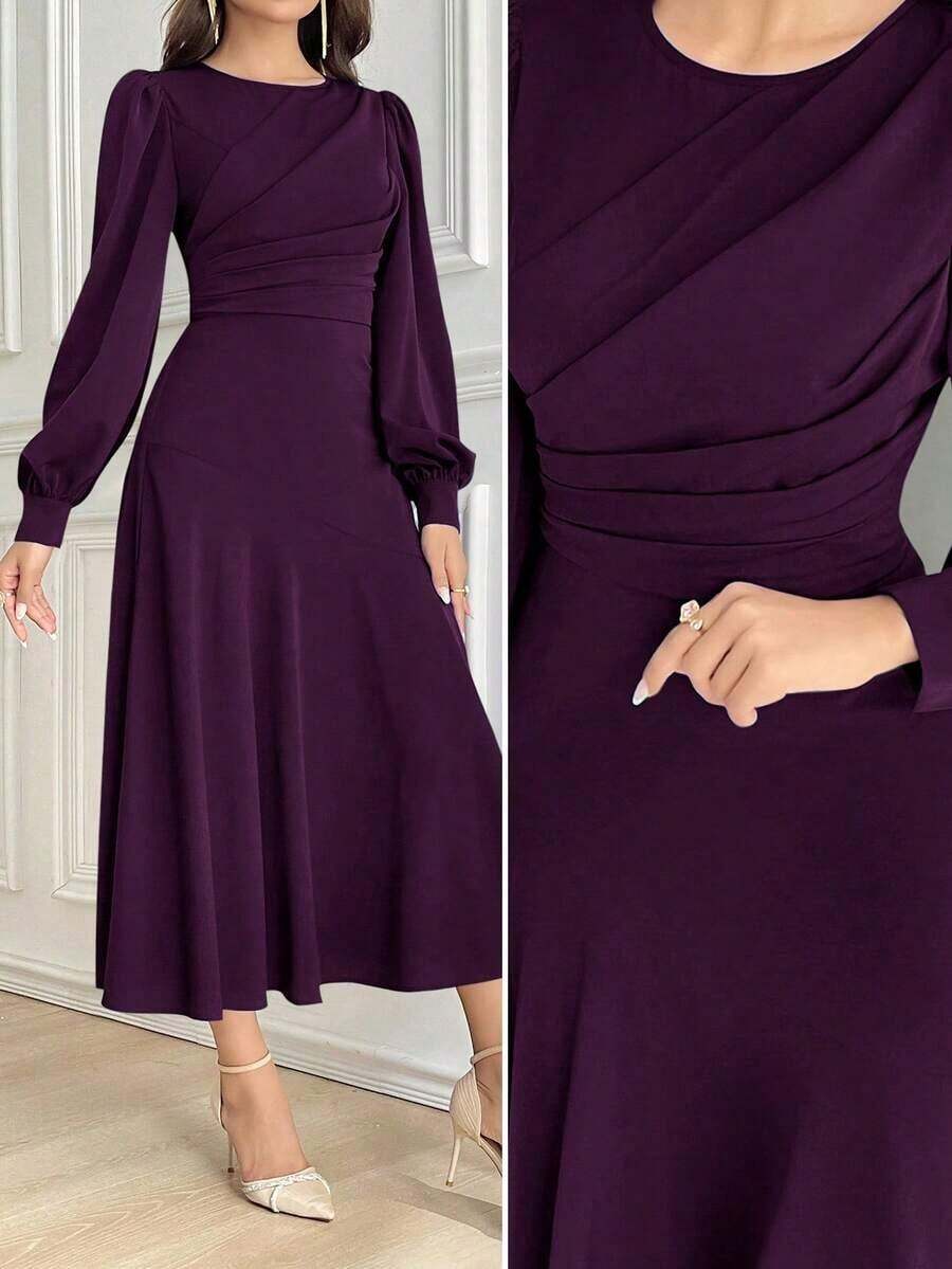 fsfvgsModelyn Vestido midi plisado de manga larga y cuello redondo de unicolor para mujer, vestidos de noche largossbfb s JJXB - Rojo violeta - Ver 1