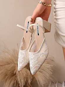 New Chinese Style White High Heel Mules, Pointed Toe Lace Embroidery Convertible Sandals For Women - White - View 5