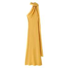 Vestido largo elegante de satén de seda suave para mujer, vestido largo sin mangas con cuello Halter y espalda descubierta, vestidos de con cinta larga para verano - Amarillo - Ver 4