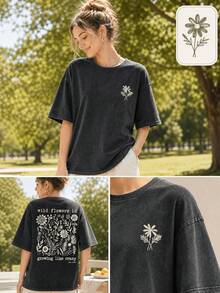 大尺碼女款復古風「Wild Flowers In Growing Like Crazy」水洗做舊T恤，休閒舒適圓領短袖上衣，清新春夏款，適合日常休閒、海灘與戶外活動，黑色 - 黑色 - 查看 4