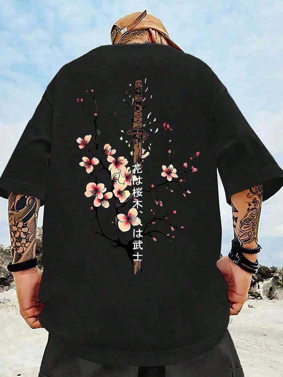 Men's Plus Size Short Sleeve T-Shirt With Round Neck And Samurai Sword Print And Sakura Lettering, Casual Style, For Summer. - 黑色 - 查看 1