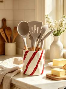 1pc Striped Resin Kitchen Utensil Holder, Bright Red/Pink Diagonal Striped Utensil Holder, Decorative Resin Storage Rack For Spoons, Forks, Whisks, Suitable For Kitchen, Restaurant, Lightweight Resin Material, Adds Cheerful Atmosphere To Cooking Space - Slash Polka Dot Storage - View 1