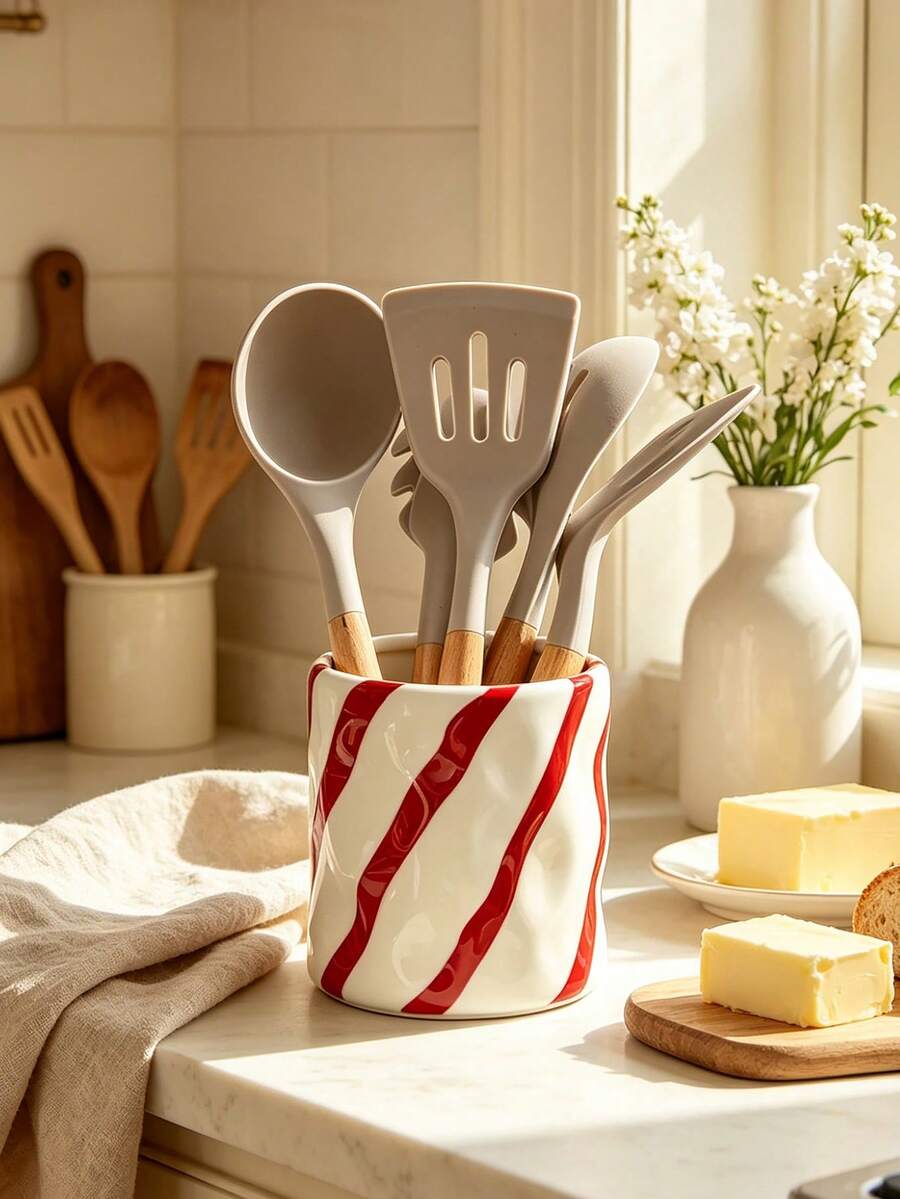 1pc Striped Resin Kitchen Utensil Holder, Bright Red/Pink Diagonal Striped Utensil Holder, Decorative Resin Storage Rack For Spoons, Forks, Whisks, Suitable For Kitchen, Restaurant, Lightweight Resin Material, Adds Cheerful Atmosphere To Cooking Space - Slash Polka Dot Storage - View 1