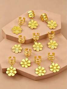 10pcs Flower Pendant Hair Clips, Gold Braided Hair Rings, Hip Hop Style Dreadlock Decorations - Gold - View 3