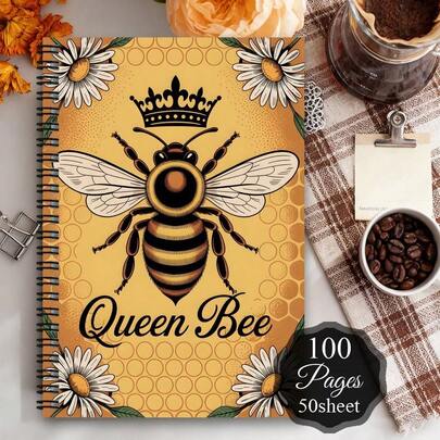 1 pièce Cahier spirale esthétique avec un design de reine d'abeille couronnée sur un fond en nid d'abeille avec des marguerites. Ce planificateur humoristique est parfait pour l'école ou le bureau