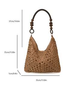 2026 Bolso de hombro tejido a ganchillo de color contrastante a la moda, bolso de hombro con asa superior tejida hueca, bolso de tote casual con decoración de cuentas de madera, artículo esencial para amantes de las vacaciones de primavera/verano en la playa y los viajes, perfecto para la playa, el resort, la piscina y las escapadas a la isla - Caqui - Ver 7