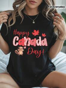 Fashionable One-Piece Set, Women's Canada-Themed T-Shirt - Maple Leaf And Beaver Design For Canada Day - Soft And Breathable Black Tee With Red Lettering - Rop - 黑色 - 查看 2