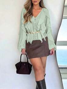 Blusa casual de gasa con cuello en V elegante, manga larga, con volantes y botones asimétricos, para el verano - Verde - Ver 5