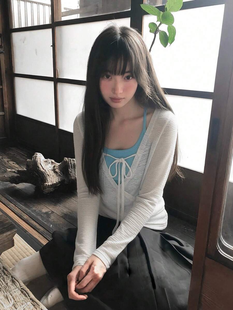 韓系時尚對比色兩件套,杏色V領寬鬆長袖防曬罩衫與貼身細肩帶背心,夏季優雅 - 白拼藍 - 查看 1