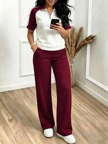 Women's New Spring/Summer Collared Half-Zip Sporty Contrast Color Short Sleeve Top And Elastic Waist Loose Solid Color Pants 2-Piece Set, Suitable For Outdoor Sports, Workout, Casual Commute, Street Wear In Spring And Summer - Wine Red 29 + Off-white - View 1
