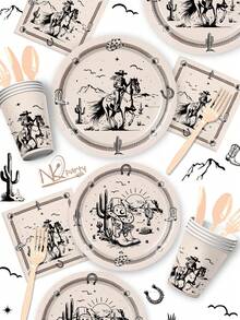 168-Piece Western Cowgirl & Western Racing Theme Disposable Cutlery Set - Decorative Paper Plates, Cups, Napkins, And Cutlery. Perfect For Holiday Parties, Birthday Parties, Themed Events, And Everyday Use. Adds A Festive Atmosphere, Enhances The Party Experience, Perfect For Event Decorations, Decorative Sets, Holiday Occasions, Themed Party Cutlery, Party Planners, Party Supplies Sets, Afternoon Tea Parties, And Tea Parties. - 彩色 - 查看 1
