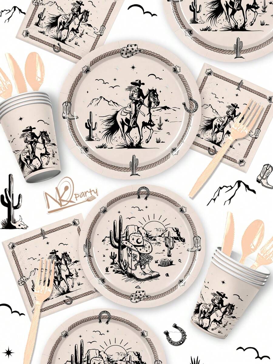 168-Piece Western Cowgirl & Western Racing Theme Disposable Cutlery Set - Decorative Paper Plates, Cups, Napkins, And Cutlery. Perfect For Holiday Parties, Birthday Parties, Themed Events, And Everyday Use. Adds A Festive Atmosphere, Enhances The Party Experience, Perfect For Event Decorations, Decorative Sets, Holiday Occasions, Themed Party Cutlery, Party Planners, Party Supplies Sets, Afternoon Tea Parties, And Tea Parties. - 彩色 - 查看 1