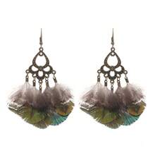 Boho ‑Chic Tree‑Of‑Life Peacock‑Feather Earring Set, Dainty Multi‑Design Antique‑Bronze Long‑Drop Kit For Vacation‑Style Streetwear - 款式四 - 查看 5