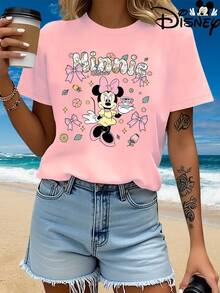 Authentic Disney Ladies Summer Dress Minnie Mouse And Flower Bow Cartoon Pattern New Short-Sleeved T-Shirt Blouse Ladies Casual Fashion Printed T-Shirt Women In Summer. - 白色 - 查看 10