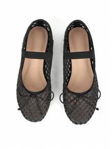 Ballet Flats For Womens Mesh Flat Breathable Closed Round Toe Bowknots Elastic Strap Party Dressy Dancing Casual Comfortable Raffia Ballerina Fishnet Shoes Chic Spring Summer Sandals For Ladies - Black - View 2